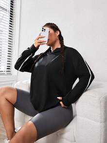 Easithlete Plus Contrast Tape Drop Shoulder Hooded Sports Sweatshirt - Black - View 6