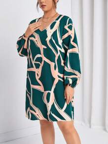 SHEIN Frenchy Plus Graphic Print Lantern Sleeve Dress - Dark Green - View 3