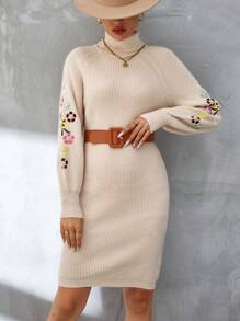 SHEIN Clasi 女款高領花朵刺繡毛衣洋裝 - 杏色 - 查看 7