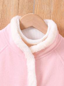 SHEIN Tween Girl Dual Pocket Raglan Sleeve Contrast Binding Fleece Overcoat - Pink - View 3