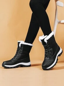 New Winter High-Top Anti-Slip Thick Plush Ladies Boots, Waterproof Outdoor Snow Boots, Fashionable Lace-Up Casual Black Thermal Lined Snow Boots, Warm Snow Boots For Couples, Winter Outdoor Sport Hiking Boots