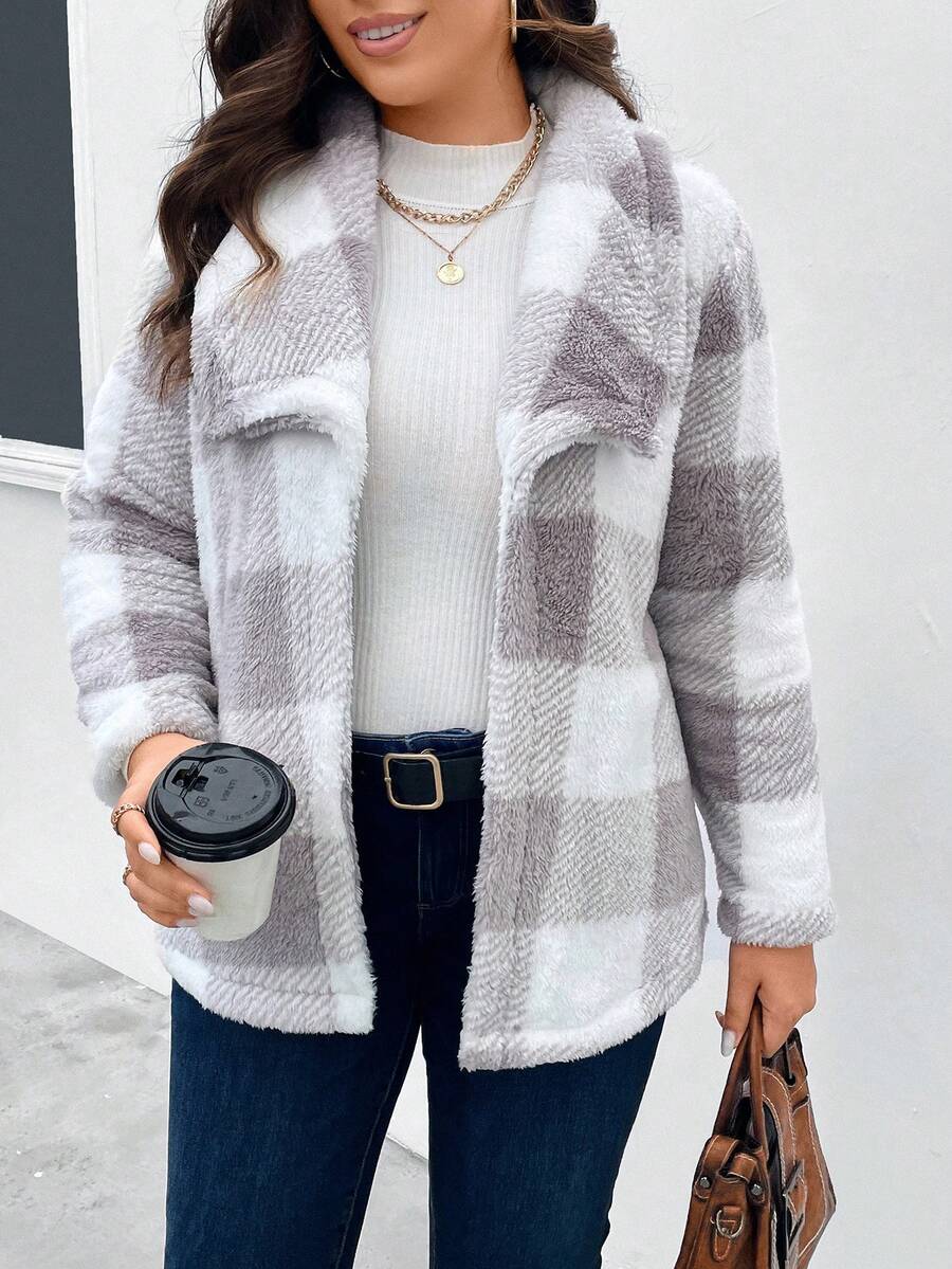 SHEIN LUNE Hơn In kẻ sọc Buffalo Mở Mặt trước Lông cừu áo - Nhiều màu - Xem 1
