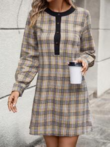 SHEIN LUNE Plaid Print Half Button Tunic Dress - Khaki - View 3