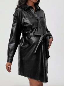 SHEIN 孕妇衬衫裙，前排纽扣，冬季 - 黑色 - 查看 3