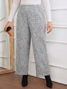 SHEIN Privé Plus Size Elegant Straight Leg Pants - Black and White - View 4