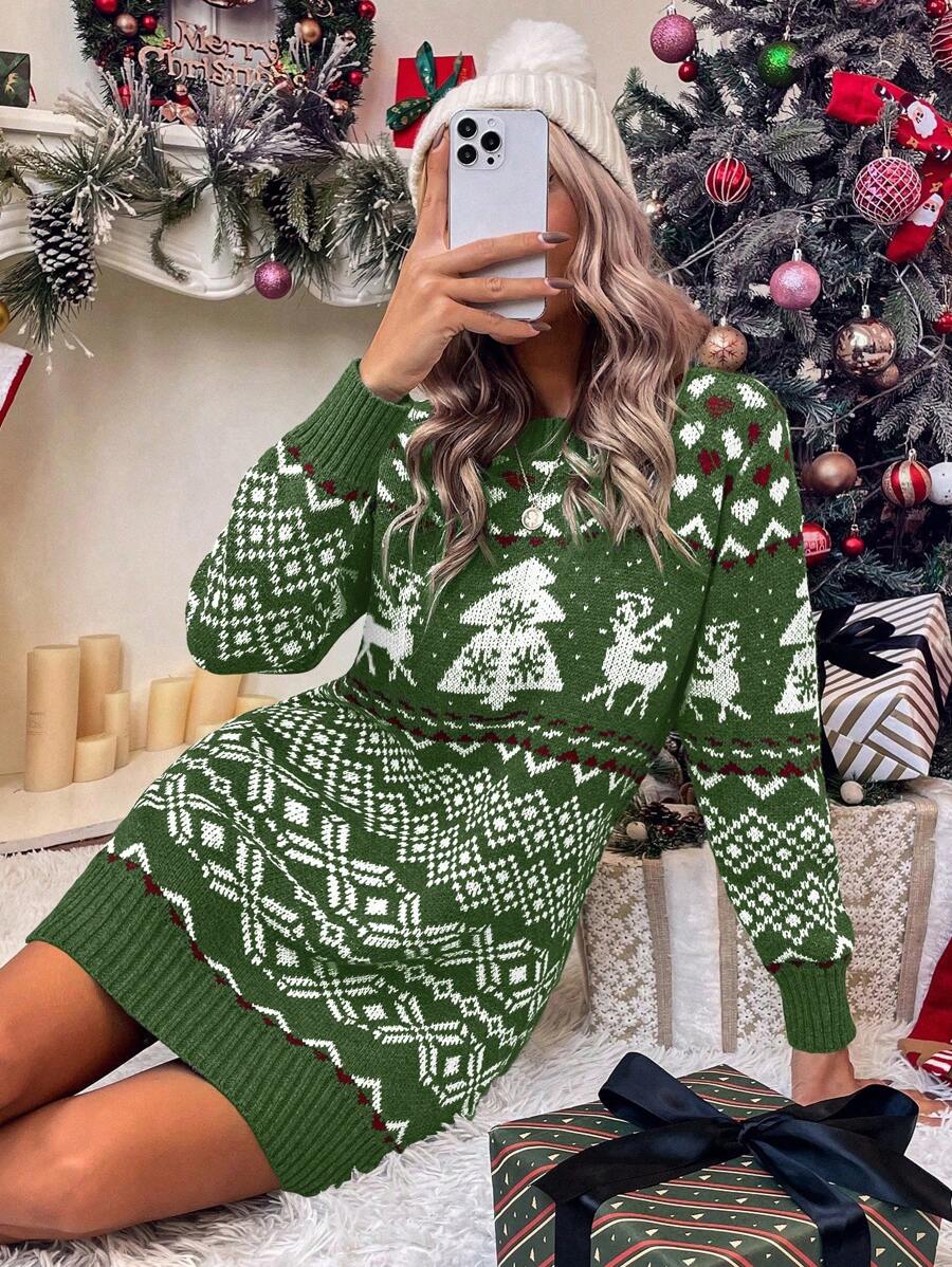 SHEIN LUNE Mẫu giáng sinh Đầm Áo len - xanh quân đội - Xem 1