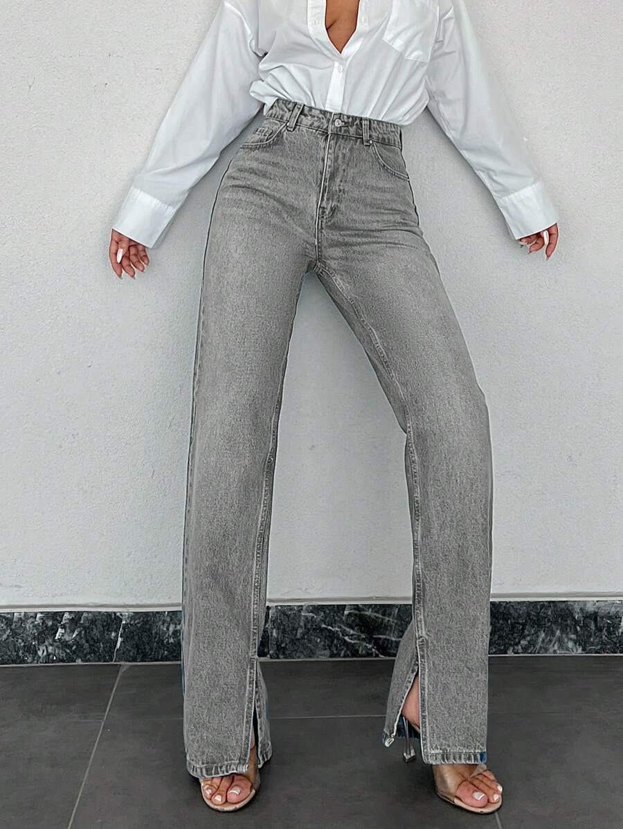 EURMUSE 100%Cotton Straight Leg Jeans With Slit Hem - Light Grey - View 1