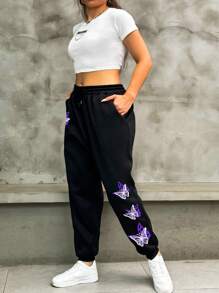 INAWLY Hơn In bướm Eo dây rút Quần thể thao - màu đen - Xem 6