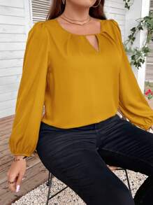 SHEIN Clasi 大碼鎖眼領燈籠袖襯衫 - 黃色 - 查看 5