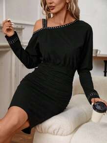 SHEIN Clasi Beaded Asymmetrical Neck Batwing Sleeve Ruched Bodycon Dress