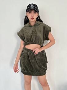 SHEINNeu Women's Batwing Sleeve Drawstring Hem Crop Top And Skirt 2 Piece Set - Army Green - View 1