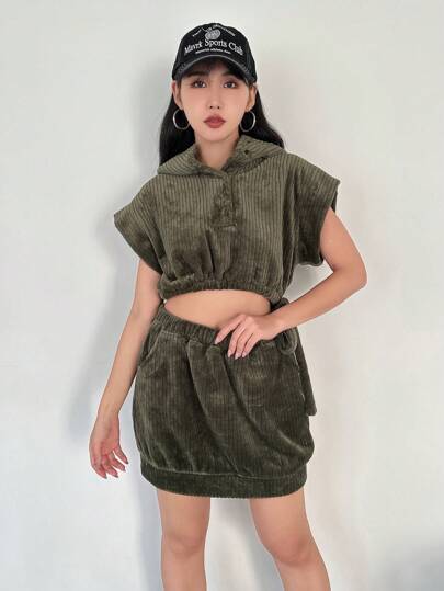 SHEINNeu Women's Batwing Sleeve Drawstring Hem Crop Top And Skirt 2 Piece Set
