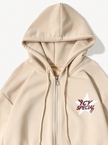 Lỏng lẻo phù hợp Nam Chữ cái & Dấu sao In Dây kéo Dây rút Hoodie - Màu Khaki - Xem 4
