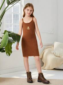 SHEIN Tween Girl Bear Embroidery Cami Sweater Dress & Super Crop Top