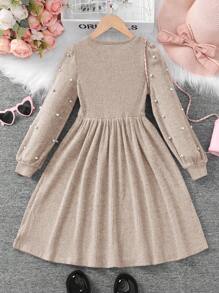 SHEIN Váy tay dài cổ tròn đính cườm màu trơn cho cô gái Tween - Màu Khaki - Xem 2