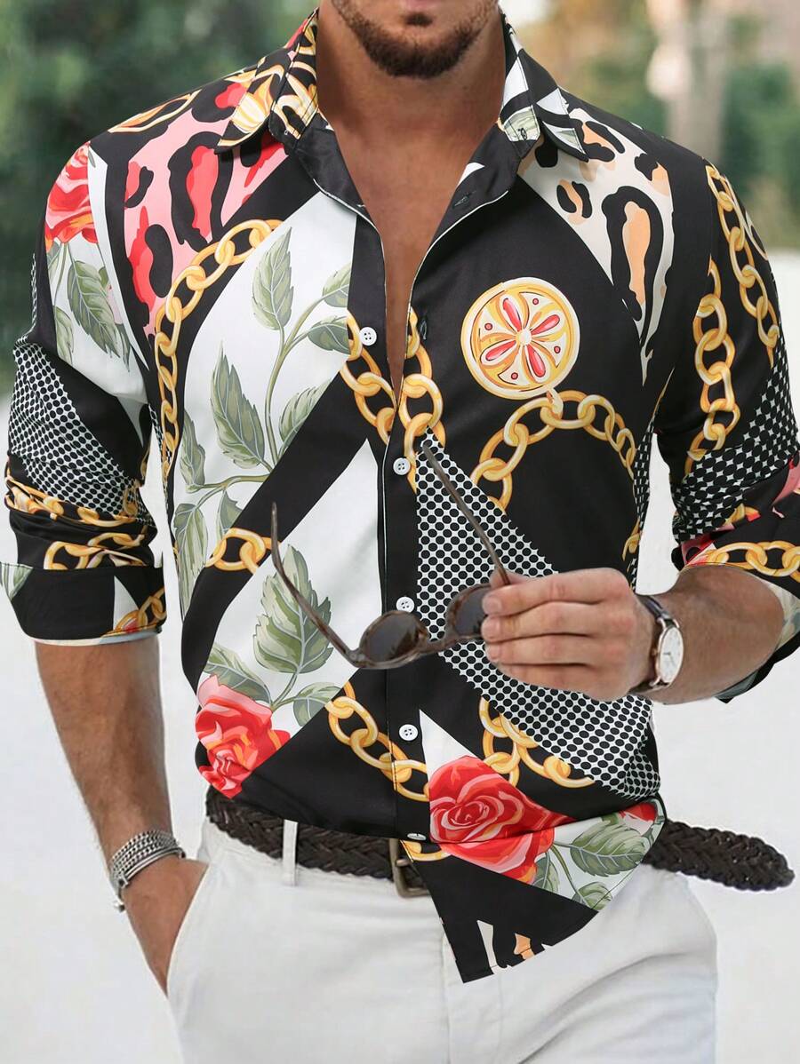 Manfinity RSRT 男士鏈條印花羈扣領襯衫 - 彩色 - 查看 1