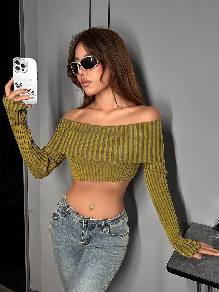 Striped Pattern Foldover Off Shoulder Crop Knit Pullover Fall Winter Sweater