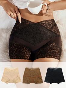 SHEIN 3条装花卉蕾丝高腰短裤 - 彩色 - 查看 1