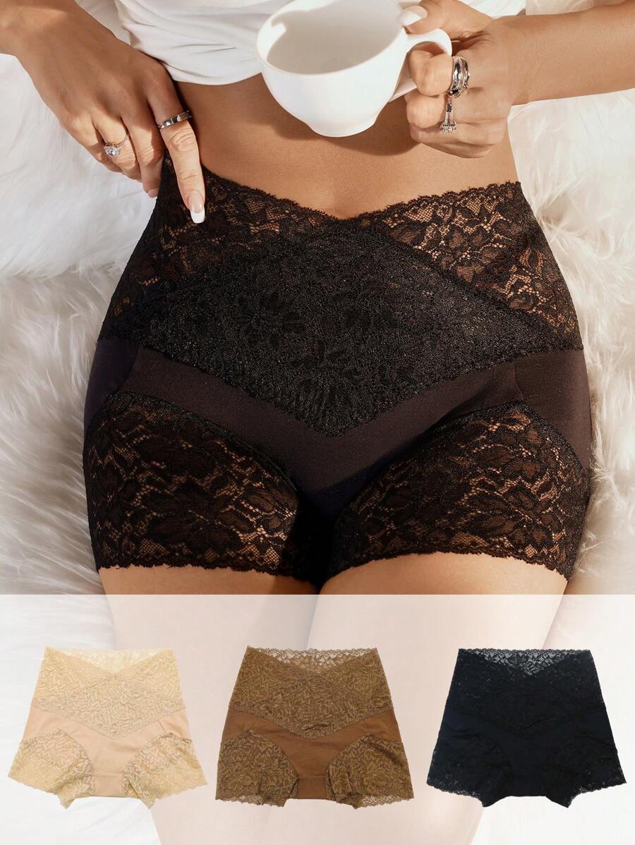 SHEIN 3条装花卉蕾丝高腰短裤 - 彩色 - 查看 1