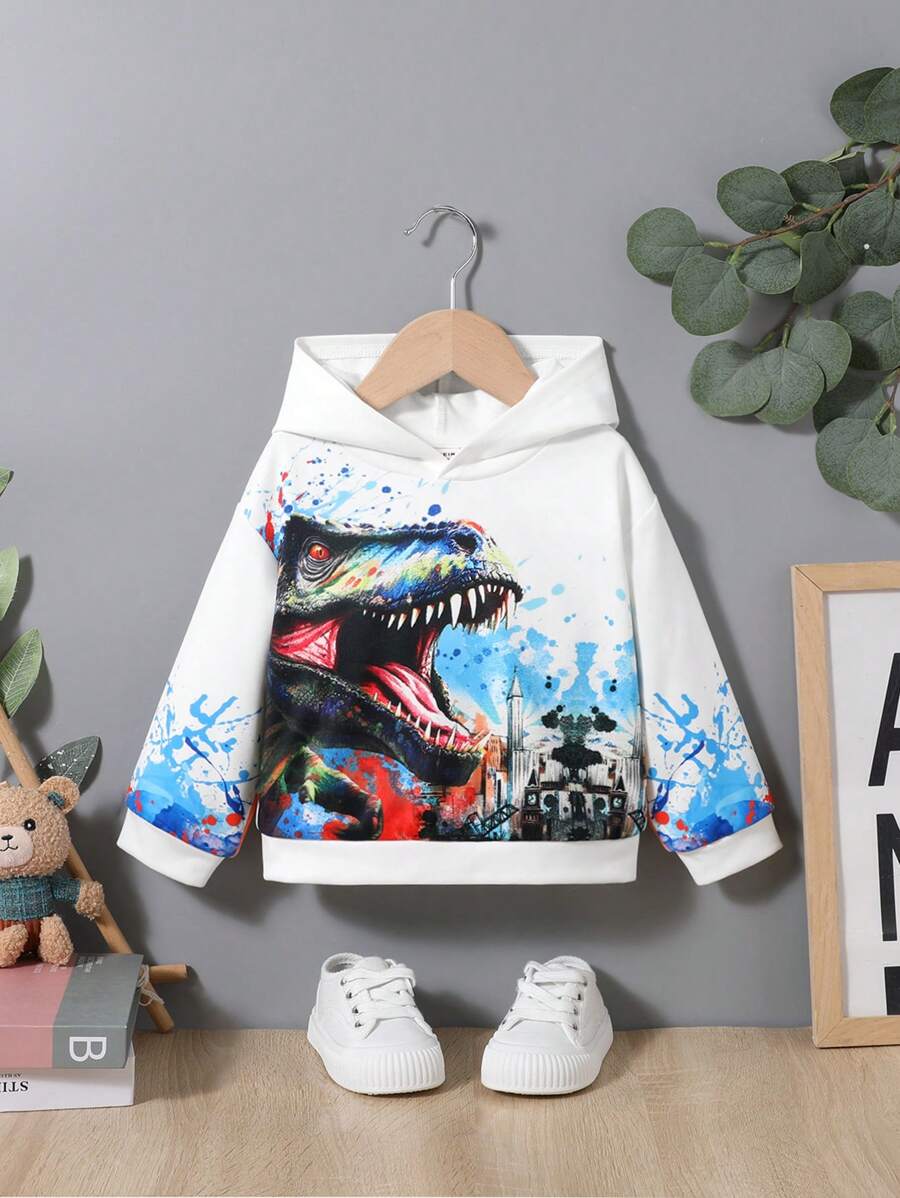 SHEIN Baby Boy Dinosaur Print Hoodie - White - View 1