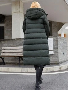 GASMAN Women's Mid-Length Hooded Down Jacket, Long Sleeve, Drawstring, With Zipper And Pockets, Warm Outerwear