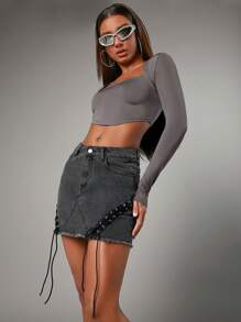 SHEIN BAE Grey-Black Washed Denim Mini Skirt With Tie And Western Style, Low Waist