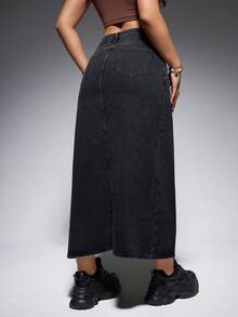 SHEIN EZwear Split Thigh Denim Skirt - Black - View 2