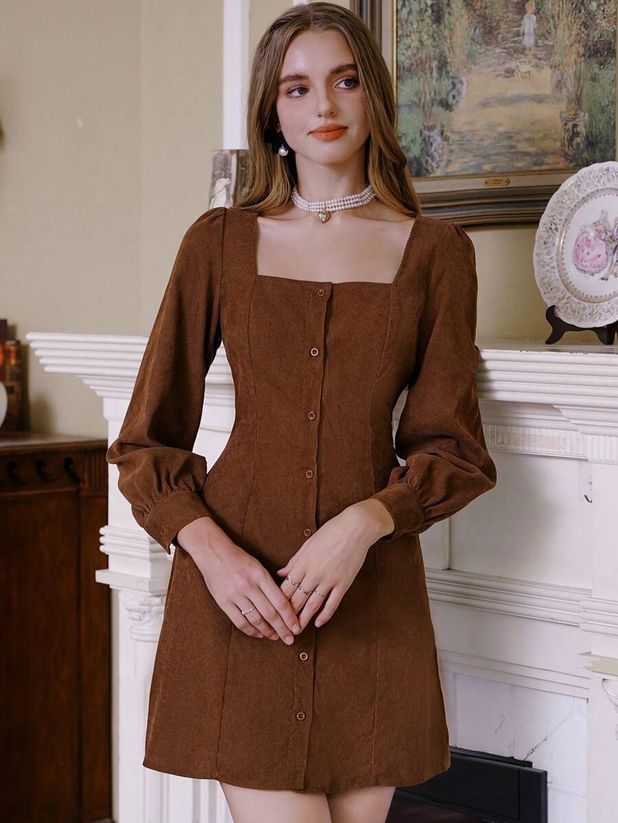 Sweetra Cổ vuông Nút Thông qua Vải to sợi Đầm - Cà phê - Xem 1