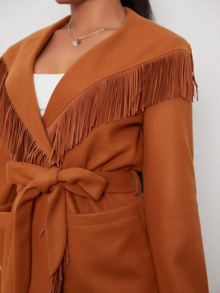 Fringe Trim Waterfall Collar Belted Overcoat