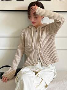 DAZY Đồ đan Ribbed Dây kéo Dây rút áo có mũ Áo len Mở - Màu be - Xem 8