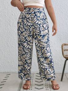 SHEIN VCAY Plus Tropical Print Wide Leg Pants - Multicolor - View 1