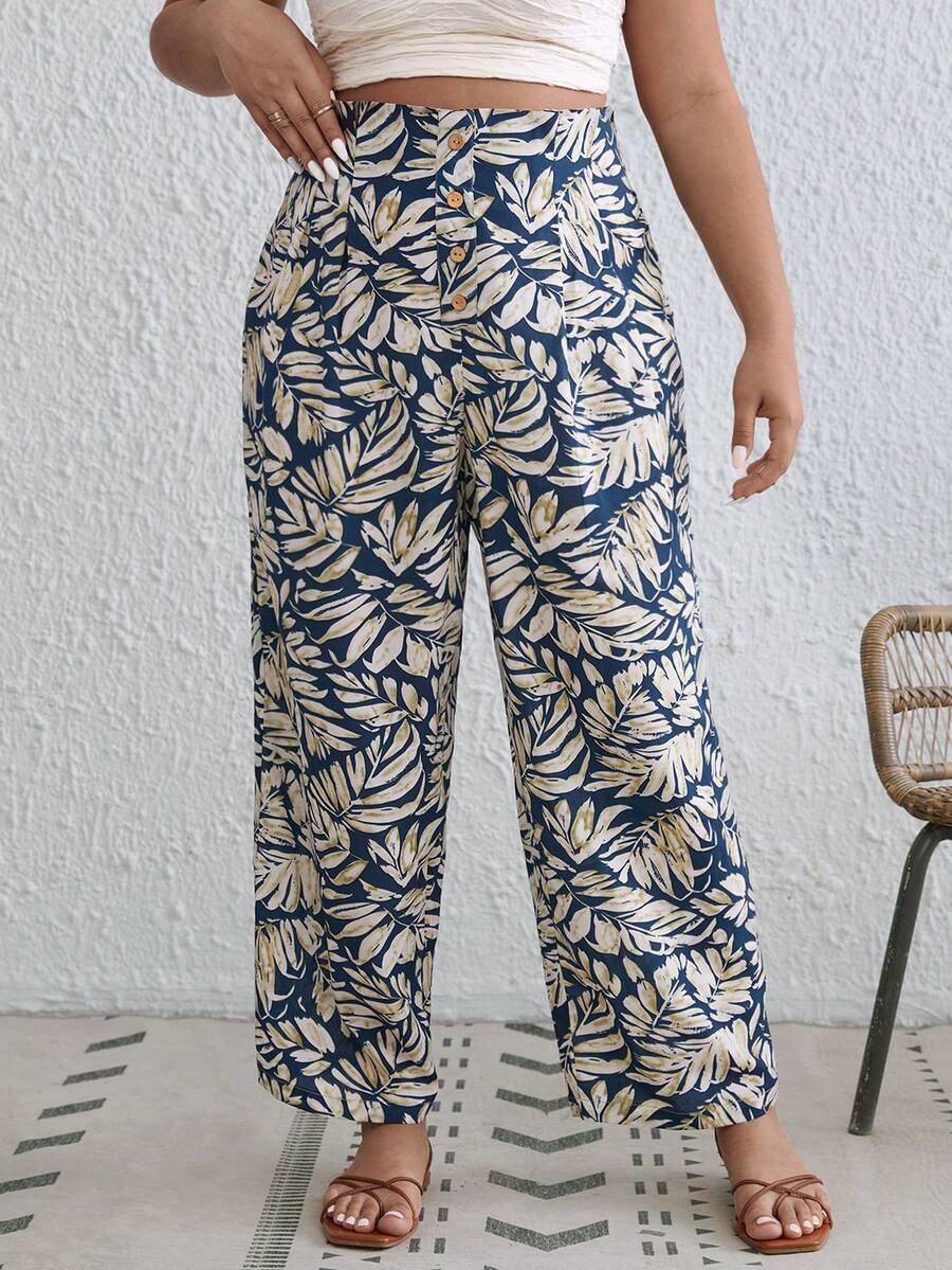 SHEIN VCAY Plus Tropical Print Wide Leg Pants - Multicolor - View 1
