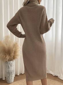 Chiquease 高領麻花編織落肩袖毛衣洋裝不附腰帶 - 卡其色 - 查看 2