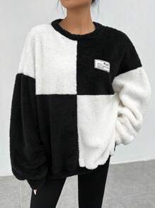 SHEIN EZwear Two Tone Letter Patched Drop Shoulder Teddy Sweatshirt - Black and White - View 1