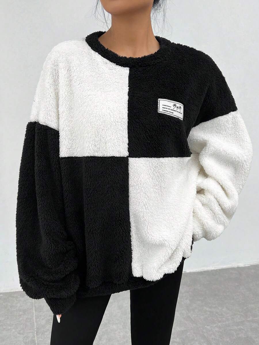 SHEIN EZwear Two Tone Letter Patched Drop Shoulder Teddy Sweatshirt - Black and White - View 1