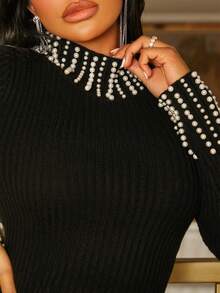 SHEIN SXY Ngọc trai đính cườm Cổ cao Áo len vừa vặn - màu đen - Xem 6