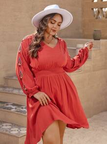 SHEIN VCAY Plus Embroidery Detail Lantern Sleeve A Line Dress - Brown - View 3