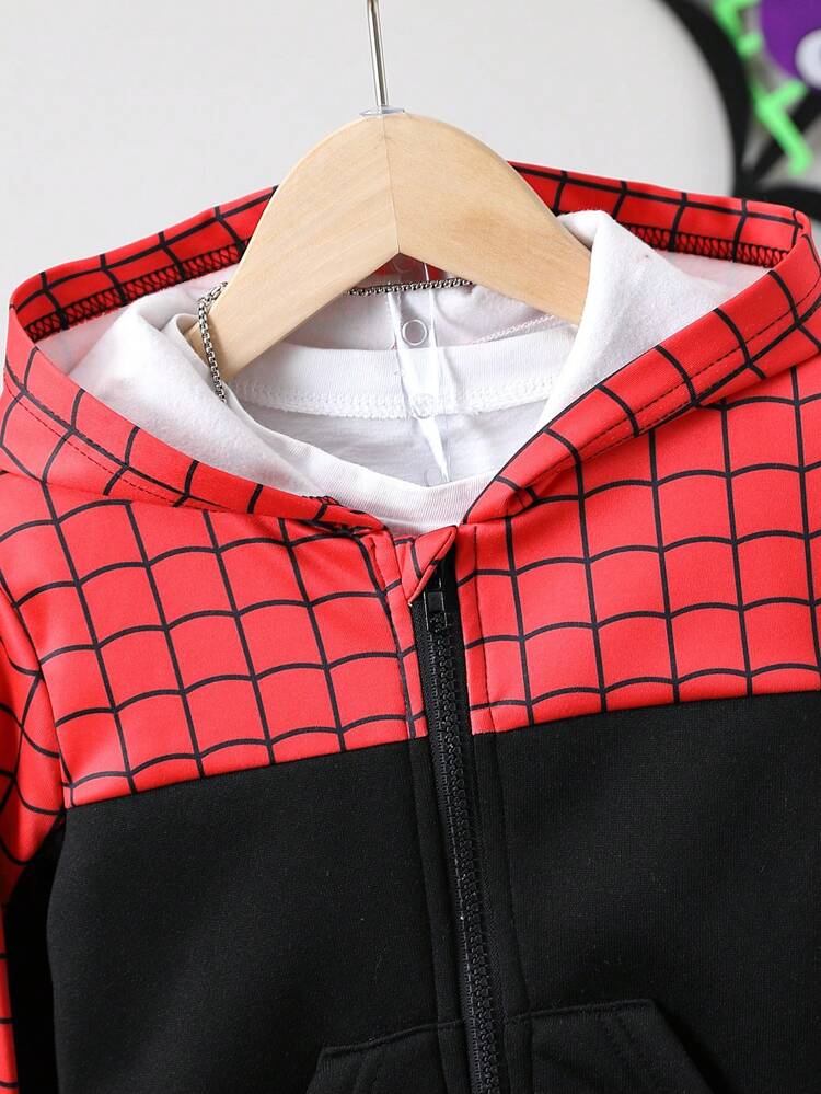 Young Boy Plaid Print Zip Up Hooded Jacket & Sweatpants Without Tee