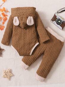 男嬰拼接邊3D耳朵設計連帽連體衣和運動褲 - 棕色 - 查看 2