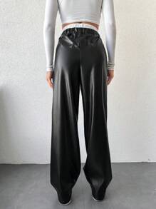 EURMUSE Contrast Elastic Waist PU Leather Pants - Black - View 2