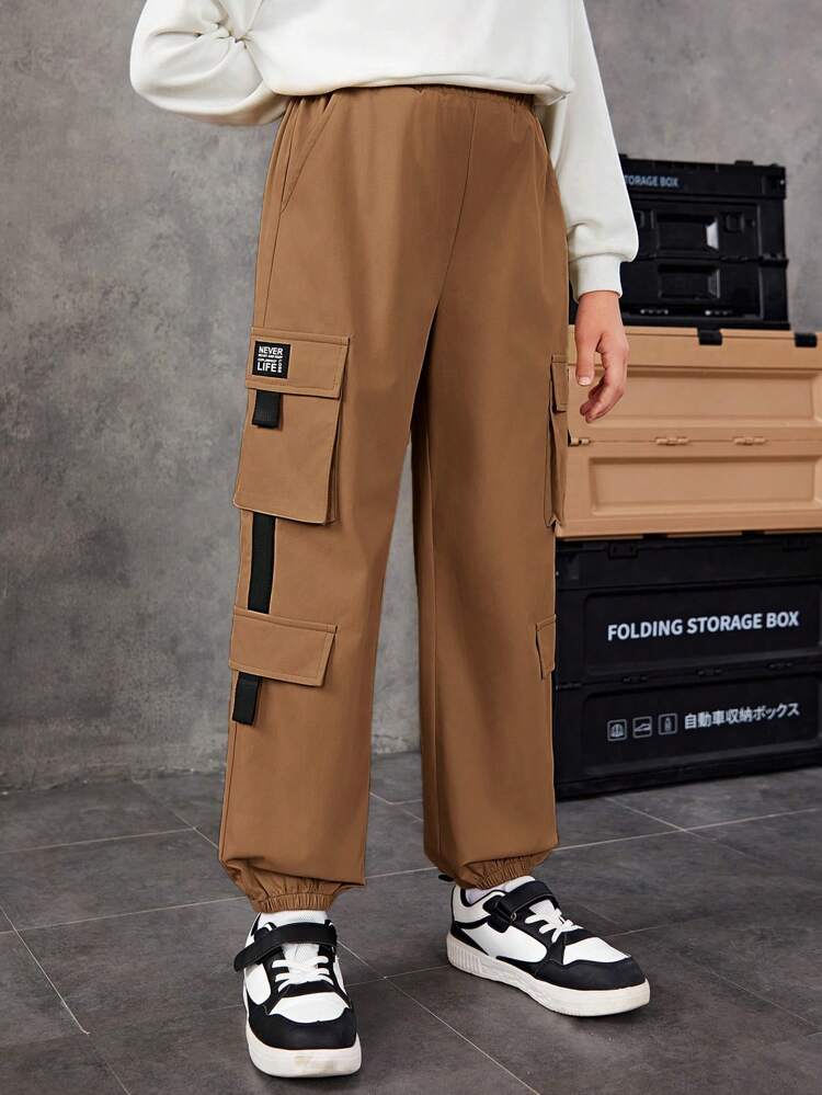 Tween Girl Letter Patched Detail Flap Pocket Side Cargo Pants