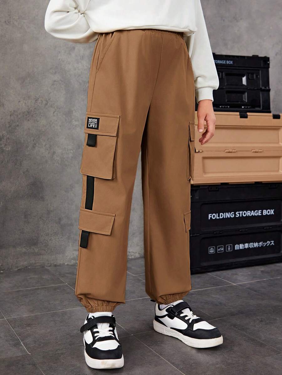 SHEIN Cô gái Tween Chi tiết Patched thư Túi nắp bên cạnh Quần Cargo - màu nâu - Xem 1