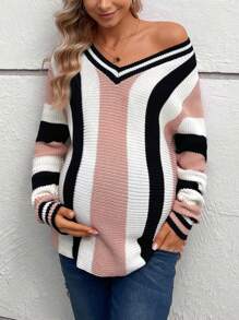 SHEIN 孕妇条纹落肩毛衣，适合冬季 - 彩色 - 查看 6