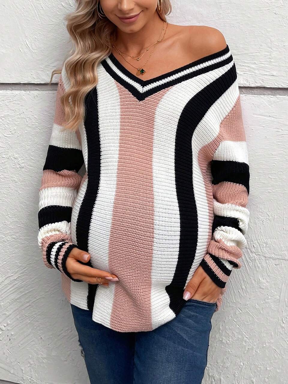 Maternity Striped Trim Drop Shoulder Sweater, For Winter