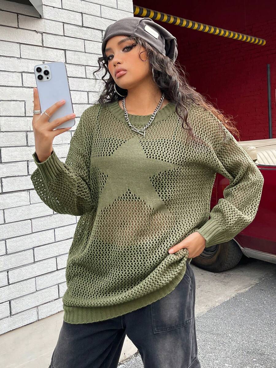 SHEIN EZwear 落肩袖網眼針織毛衣洋裝不附胸罩 - 軍綠色 - 查看 1