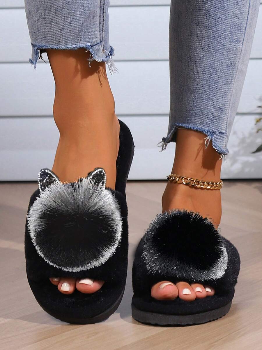 女性聖誕主題樂趣拖鞋帶露趾,毛茸茸帶,防滑鞋底和舒服的內部,黑色,冬天 - 黑色 - 查看 1