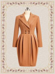 Vintamour Lapel Neck Fold Pleated Overcoat - Brown - View 1