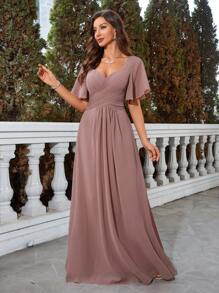 Sweetheart Neck Butterfly Sleeve Chiffon Bridesmaid Dress - Dusty Pink - View 6