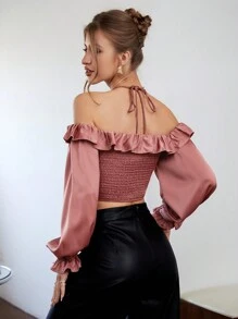 SHEIN Privé Ruffle Trim Flounce Sleeve Halter Neck Crop Blouse - Dusty Pink - View 2