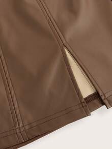SHEIN Privé Split Hem PU Leather Skirt - Coffee Brown - View 3